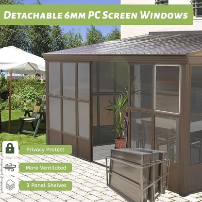 Wall Mounted Solarium with Front Door, Side Entrance, Galvanized Steel Roof, Moveable PC Screen