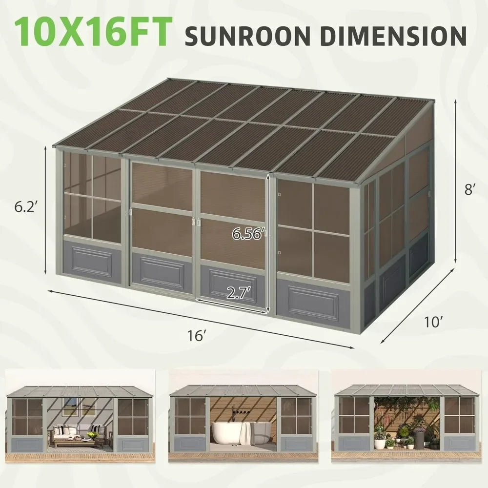 Wall Mounted Solarium with Aluminum Frame, Polycarbonate Roof,Sliding Doors, Lockable PC Screen Walls