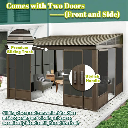 Wall Mounted Solarium with Galvanized Steel Roof, Detachable PVC Screen, Lockable Sliding Door