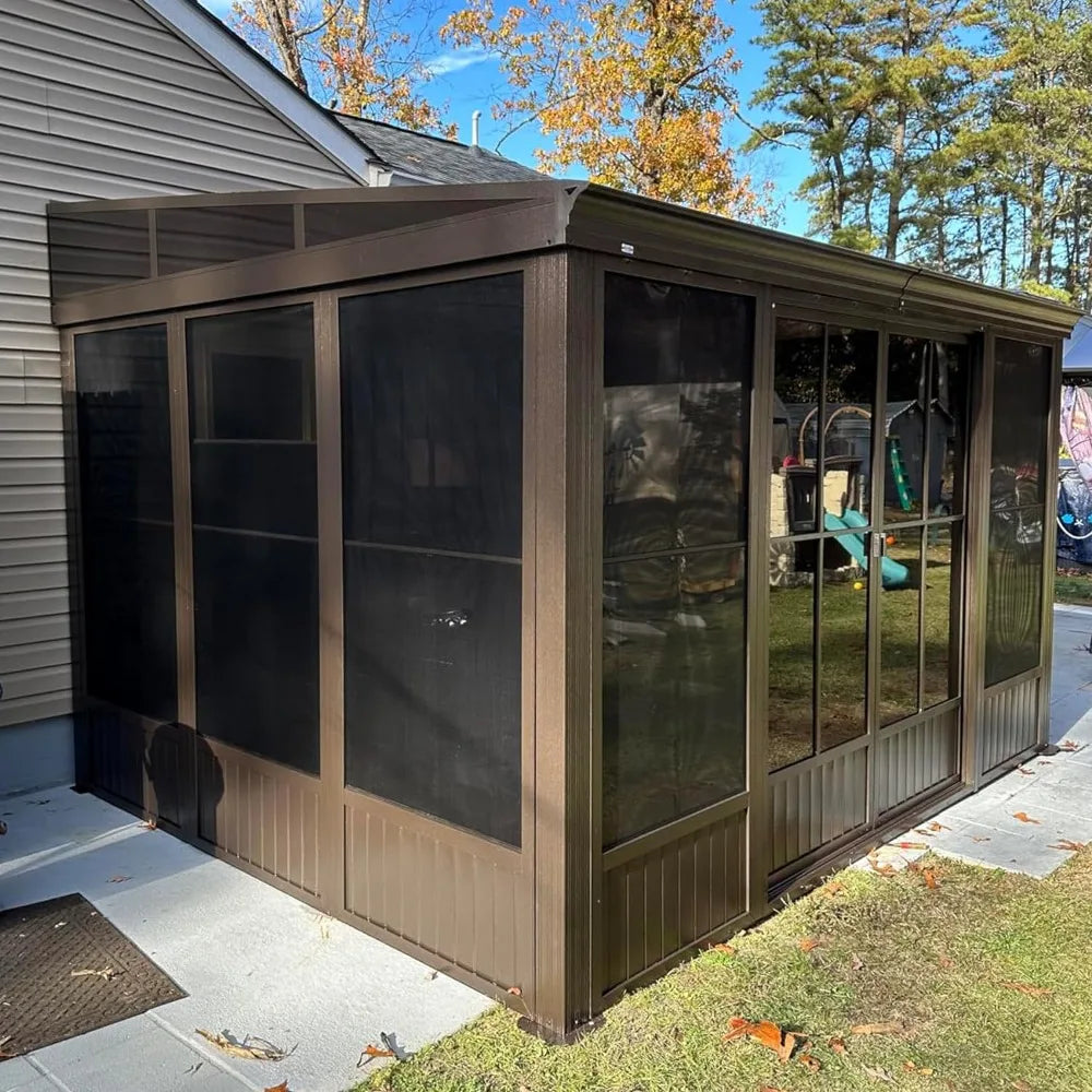 10x12FT Wall Mounted Solarium with Galvanized Steel,Detachable PVC Screen,Lockable Sliding Door