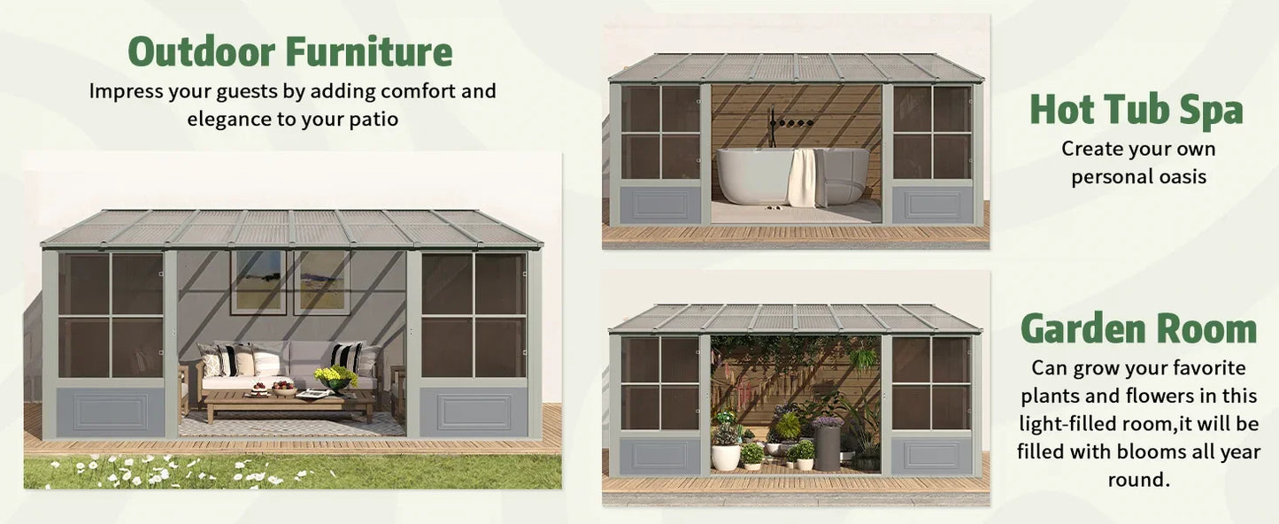 Wall Mounted Solarium with Aluminum Frame, Polycarbonate Roof,Sliding Doors, Lockable PC Screen Walls