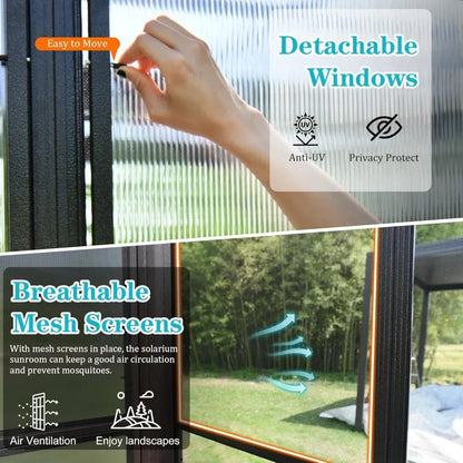 Permanent Wall Mounted Solarium with Detachable Polycarbonate Windows, 2 Lockable Sliding Doors