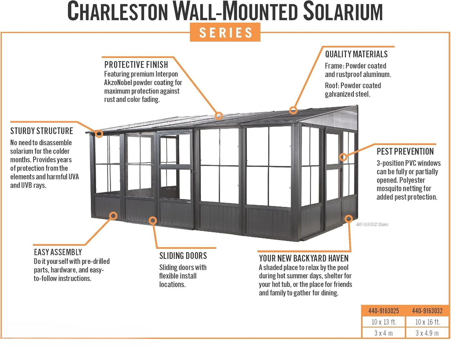 Charleston Wall-Mounted  Solarium 10' x 13', Dark Grey