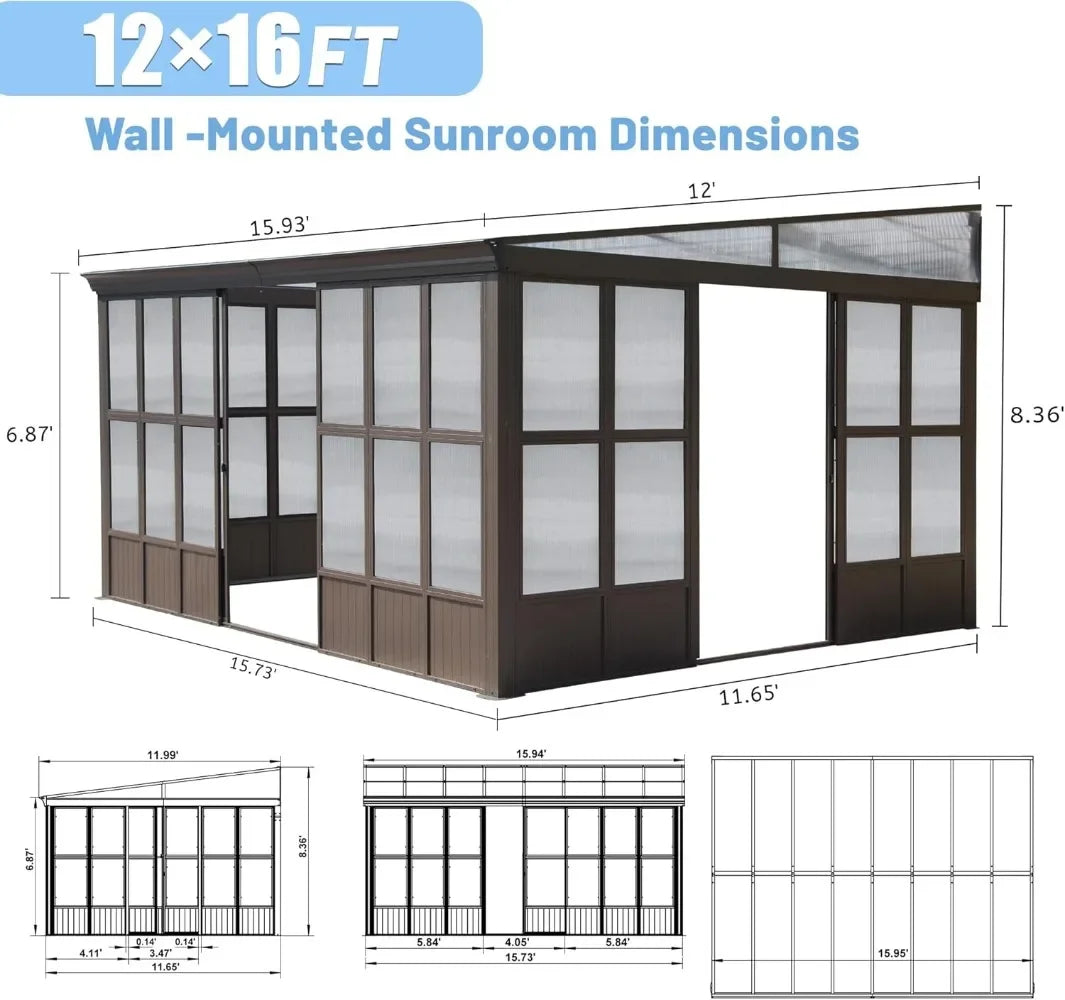 Permanent Wall Mounted Solarium with Detachable Polycarbonate Windows, 2 Lockable Sliding Doors