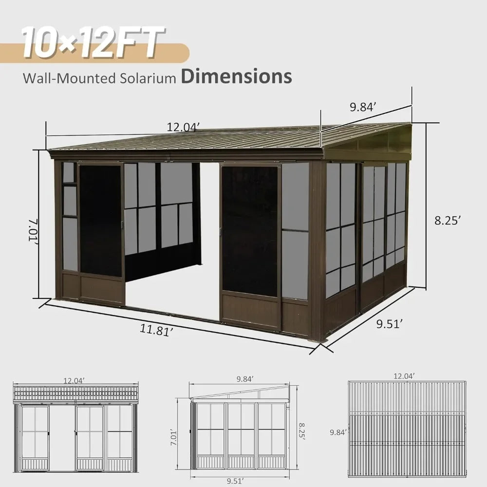 10x12FT Wall Mounted Solarium with Galvanized Steel,Detachable PVC Screen,Lockable Sliding Door