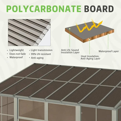 Wall Mounted Solarium with Aluminum Frame, Polycarbonate Roof,Sliding Doors, Lockable PC Screen Walls