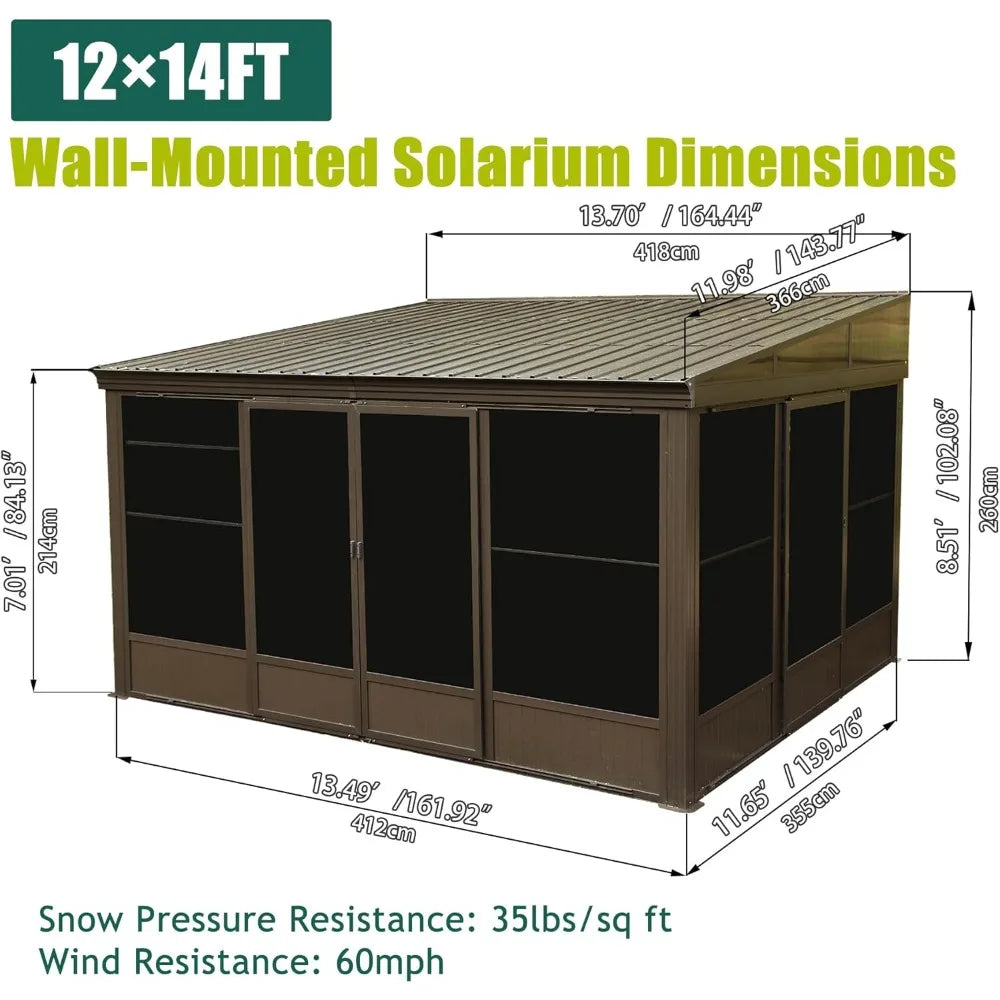 Wall Mounted Solarium with Galvanized Steel Roof, Detachable PVC Screen, Lockable Sliding Door