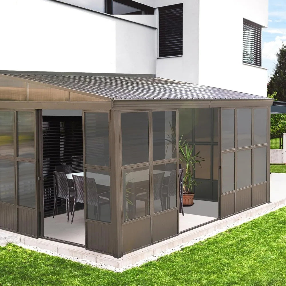 Wall Mounted Solarium with Front Door, Side Entrance, Galvanized Steel Roof, Moveable PC Screen