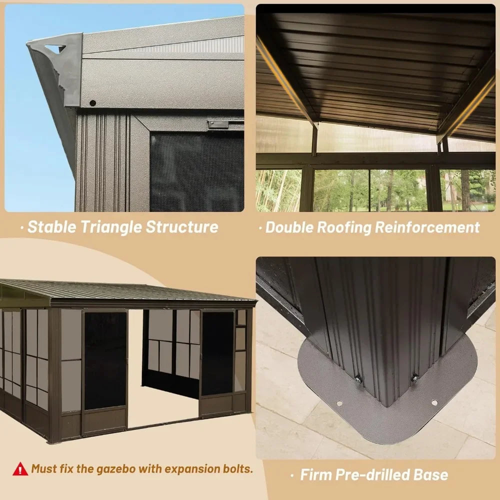 10x12FT Wall Mounted Solarium with Galvanized Steel,Detachable PVC Screen,Lockable Sliding Door