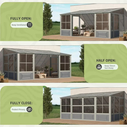 Wall Mounted Solarium with Aluminum Frame, Polycarbonate Roof,Sliding Doors, Lockable PC Screen Walls