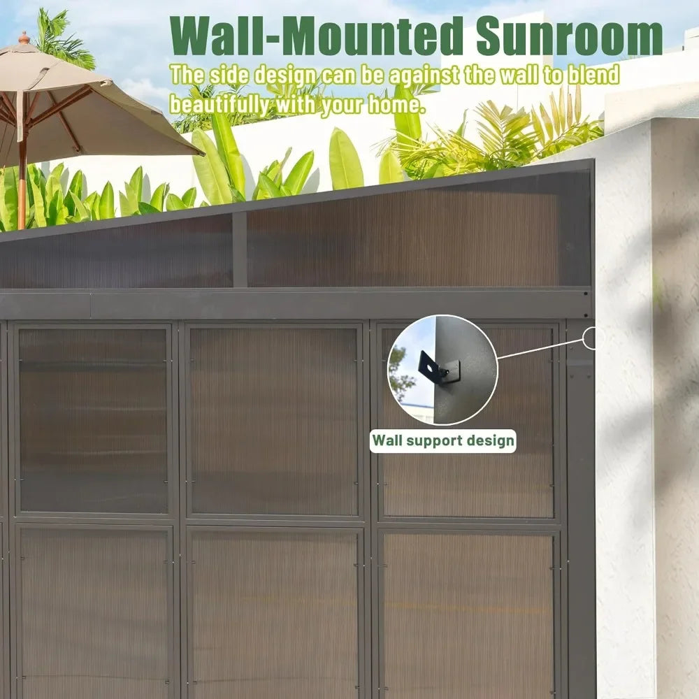 Wall Mounted Solarium with Front Door, Side Entrance, Galvanized Steel Roof, Moveable PC Screen