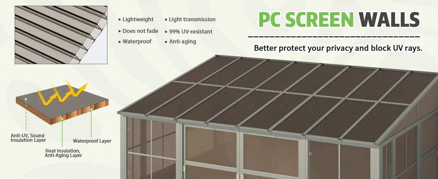 Wall Mounted Solarium with Aluminum Frame, Polycarbonate Roof,Sliding Doors, Lockable PC Screen Walls