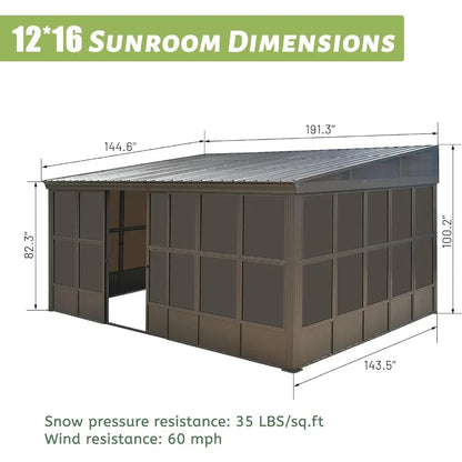 Wall Mounted Solarium with Front Door, Side Entrance, Galvanized Steel Roof, Moveable PC Screen