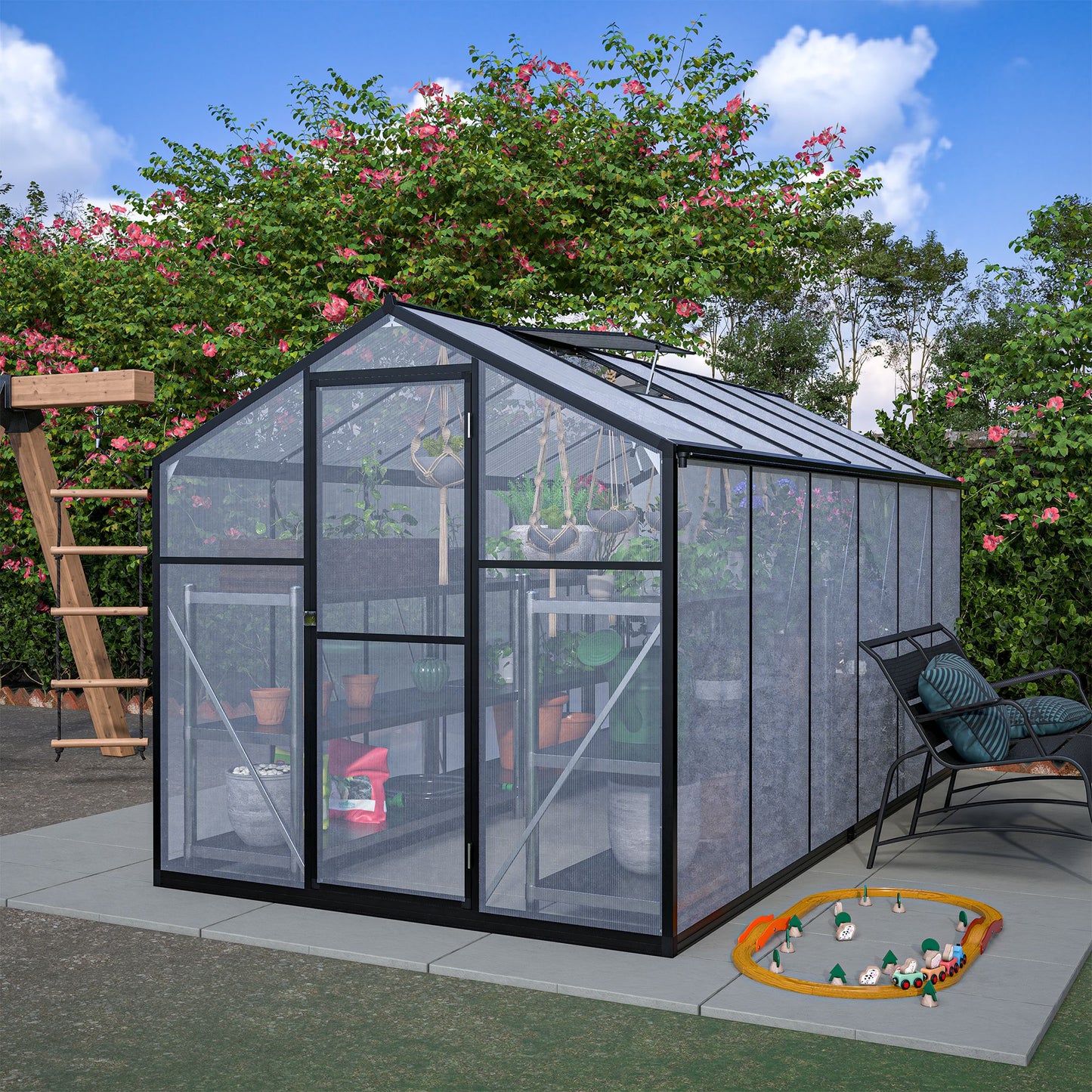 6' x 12' Polycarbonate Greenhouse, with Double Flush Door, Rain Gutter and Ventilation Window