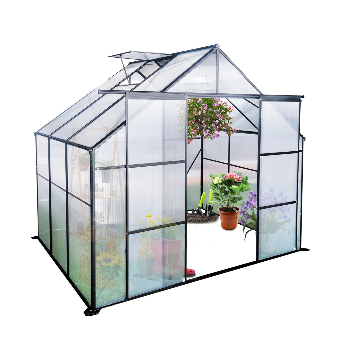 8X6FT-Black Double Door Polycarbonate Greenhouse Raised Base,Anchor Aluminum Heavy Duty