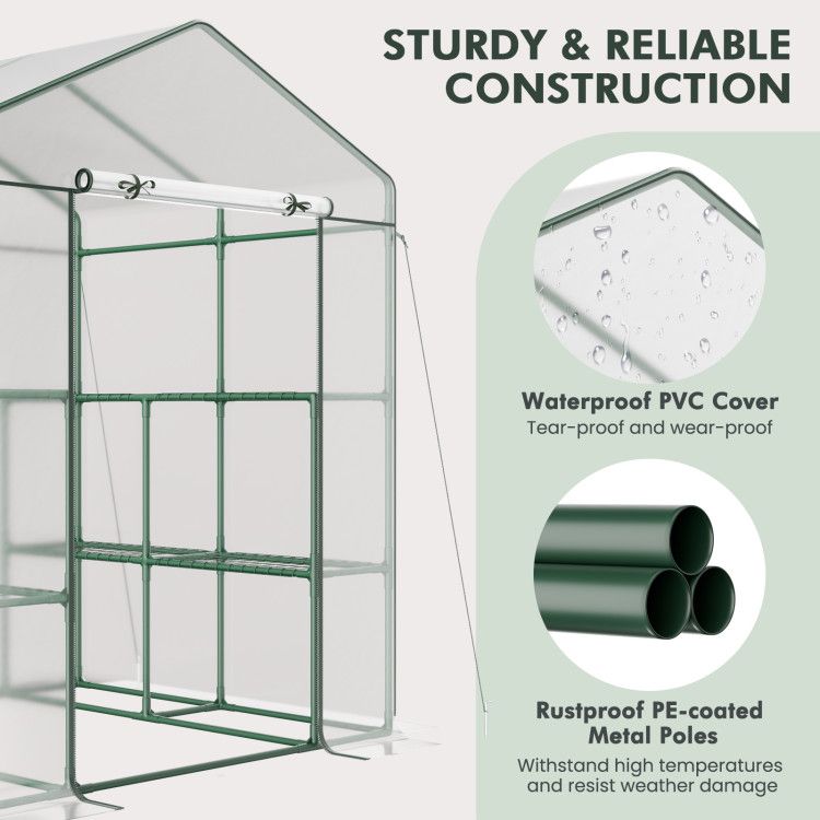 Walk-in Greenhouse with 4 Tiers 8 Shelves PVC Cover Roll-up Zippered Door