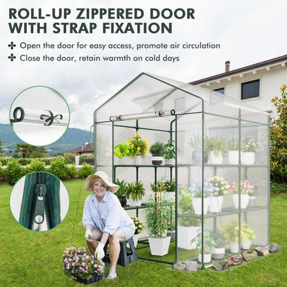 Walk-in Greenhouse with 4 Tiers 8 Shelves PVC Cover Roll-up Zippered Door