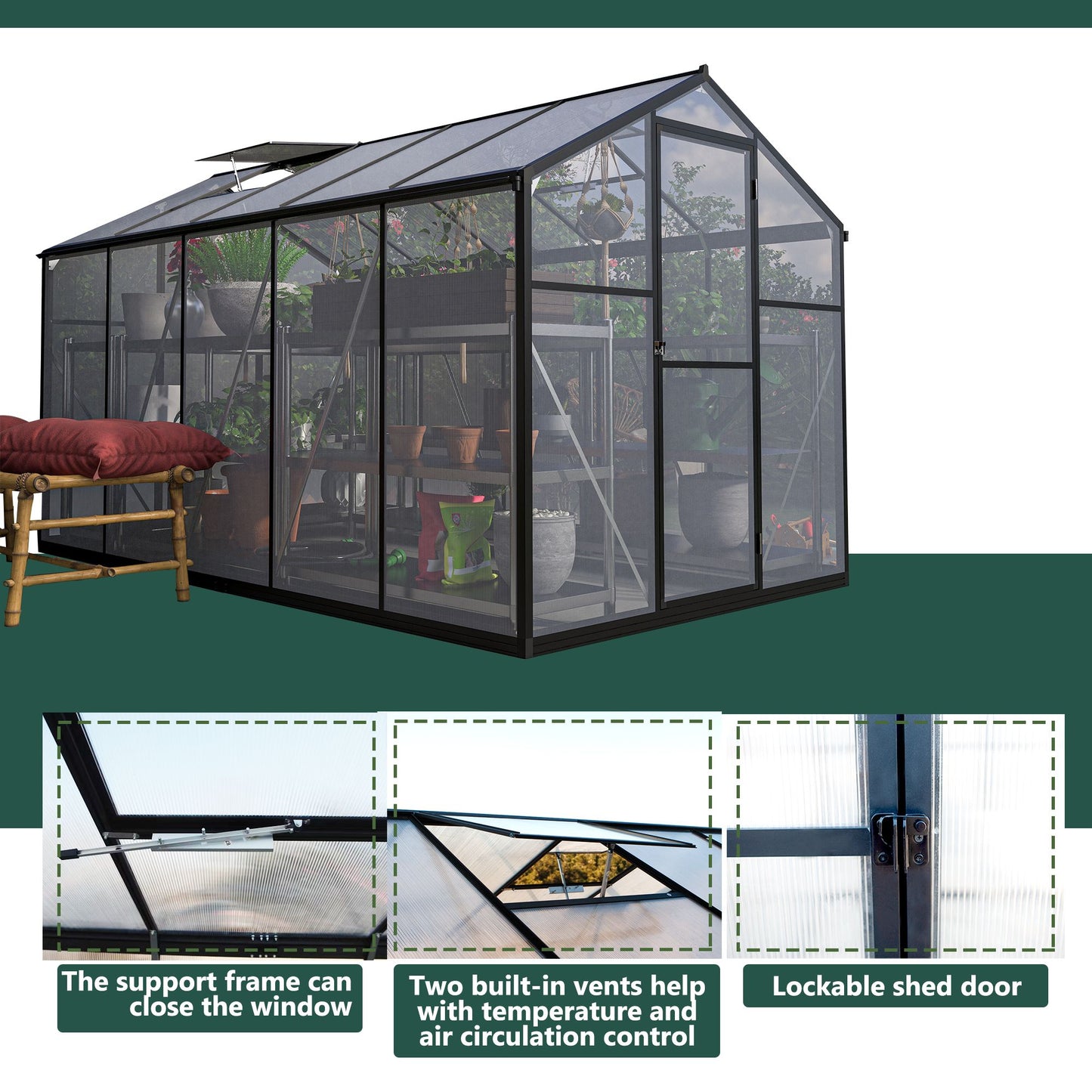 6x10 ft Polycarbonate Greenhouse  with Aluminum Frame Lockable Door & Adjustable Roof Vent