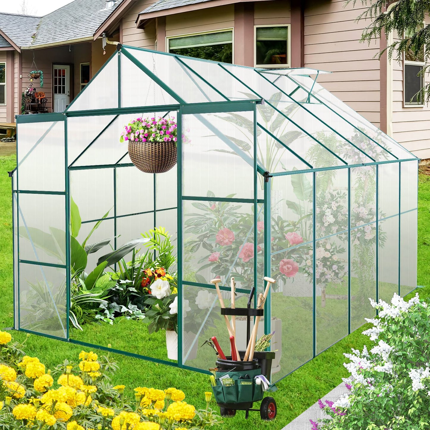 8x10FT Double Door Polycarbonate Greenhouse Raised Base, Anchor Aluminum Heavy Duty