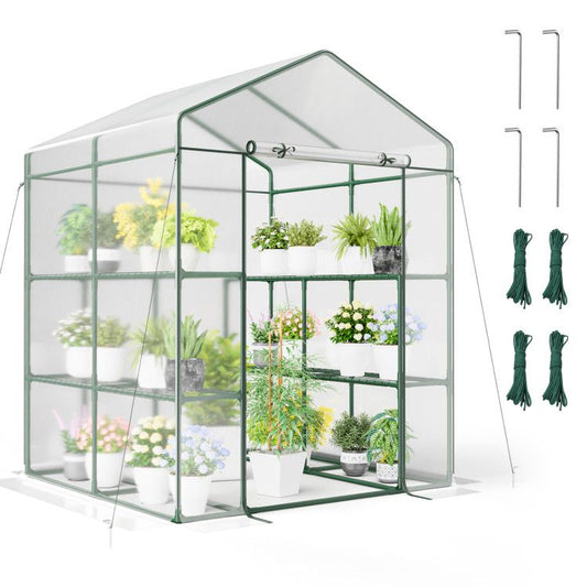 Walk-in Greenhouse with 4 Tiers 8 Shelves PVC Cover Roll-up Zippered Door