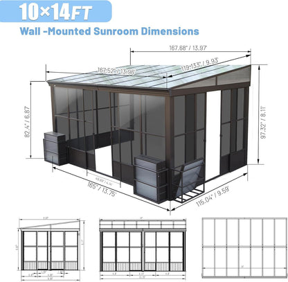 10x14FT All Season Permanent Wall Mounted Solarium with Detachable Polycarbonate Windows