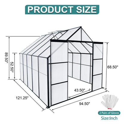 8x10FT Double Door Polycarbonate Greenhouse Raised Base, Anchor Aluminum Heavy Duty