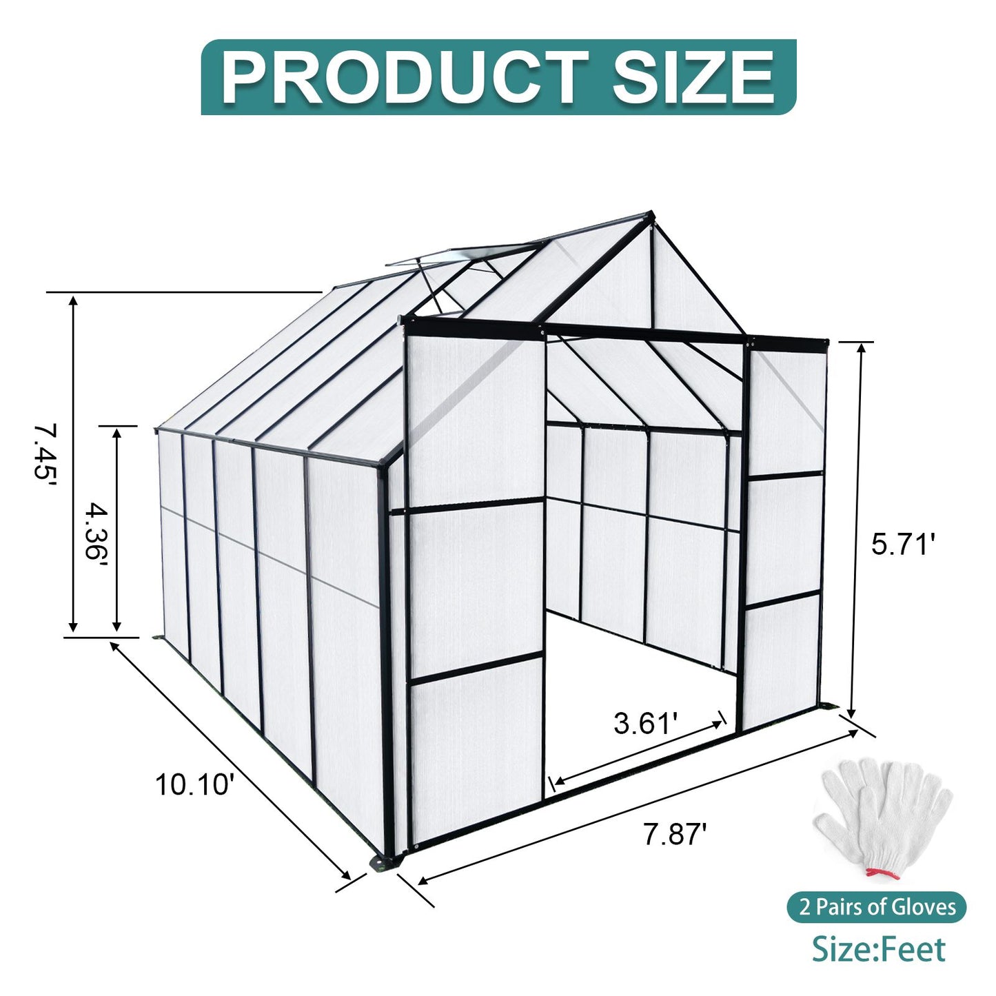 8x10FT Double Door Polycarbonate Greenhouse Raised Base, Anchor Aluminum Heavy Duty