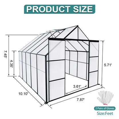 8x10FT Double Door Polycarbonate Greenhouse Raised Base, Anchor Aluminum Heavy Duty