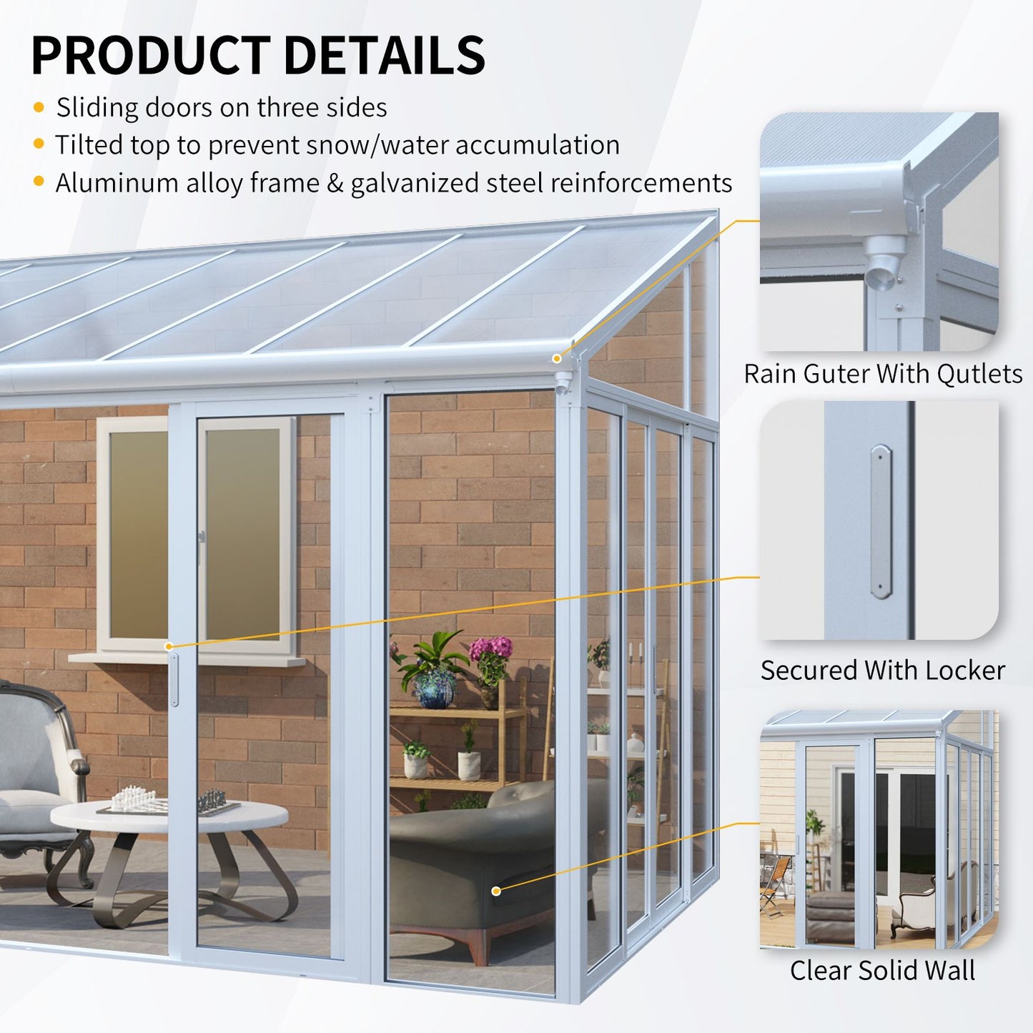 10×14 ft Enclosed Patio Cover with 3 Lockable Sliding Doors, All Season Sunroom with aluminum alloy frame