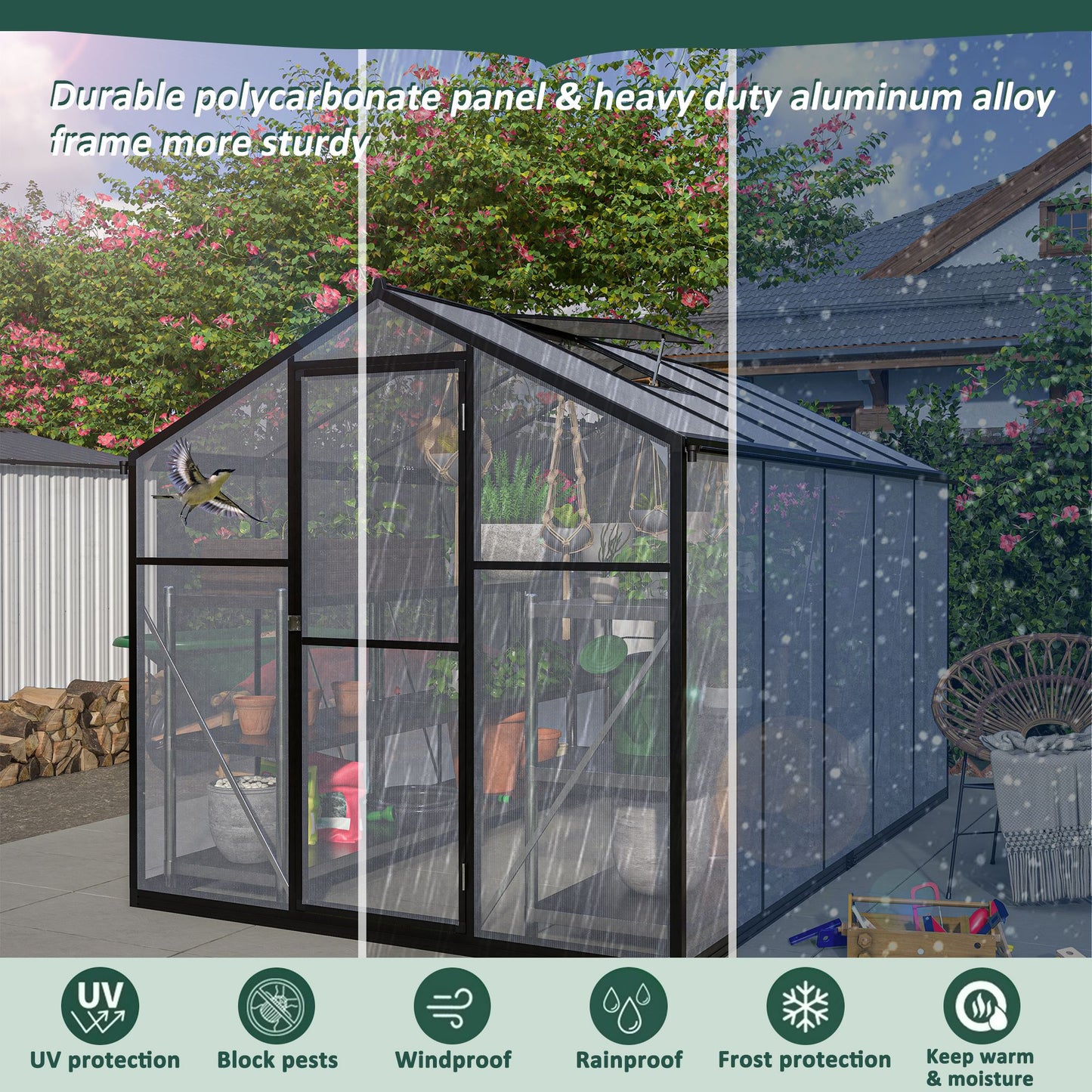 6x10 ft Polycarbonate Greenhouse  with Aluminum Frame Lockable Door & Adjustable Roof Vent