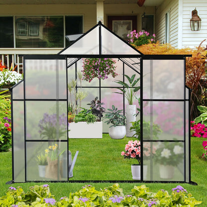 8X6FT-Black Double Door Polycarbonate Greenhouse Raised Base,Anchor Aluminum Heavy Duty