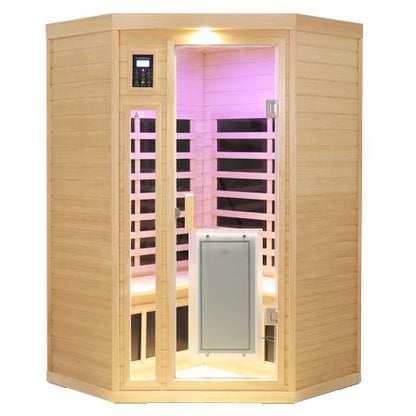 Two person Low EMF Front door with heating panel Far-infrared Hemlock Corner Indoor Sauna Room