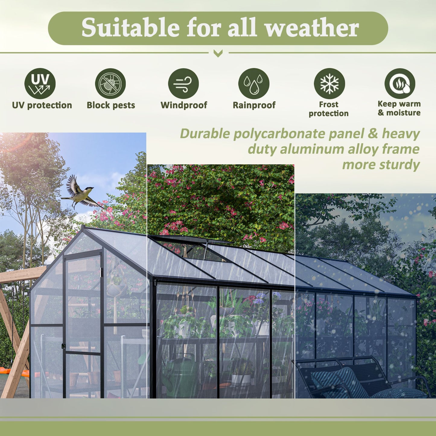 6' x 12' Polycarbonate Greenhouse, with Double Flush Door, Rain Gutter and Ventilation Window