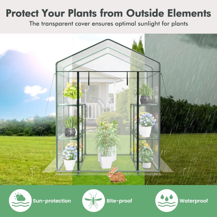 Walk-in Greenhouse with 4 Tiers 8 Shelves PVC Cover Roll-up Zippered Door