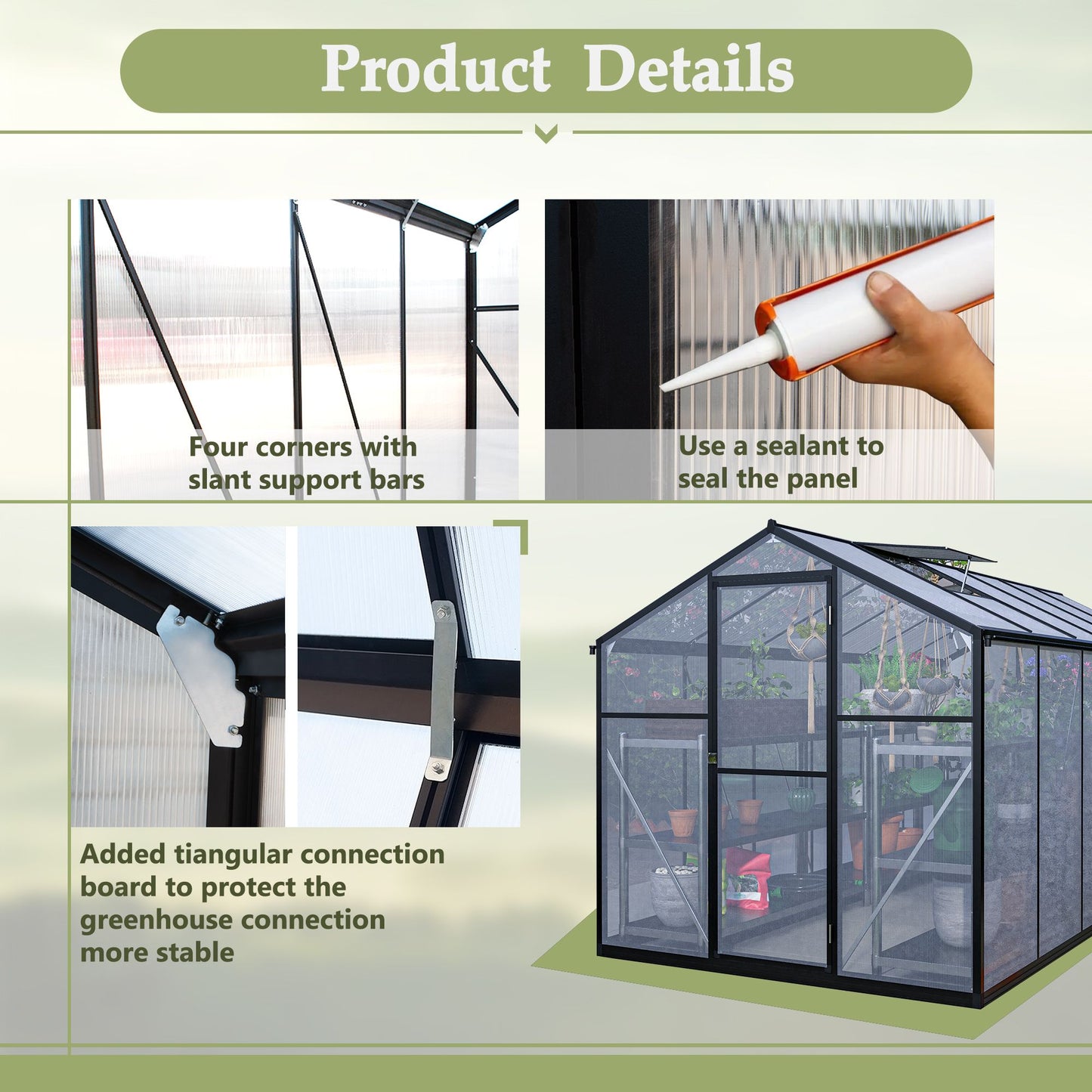 6' x 12' Polycarbonate Greenhouse, with Double Flush Door, Rain Gutter and Ventilation Window