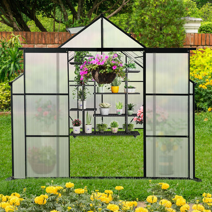 8x10FT Double Door Polycarbonate Greenhouse Raised Base, Anchor Aluminum Heavy Duty