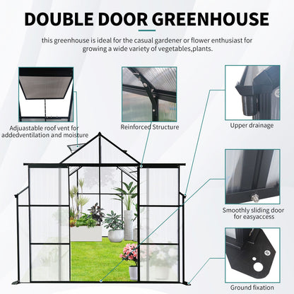 8x10FT Double Door Polycarbonate Greenhouse Raised Base, Anchor Aluminum Heavy Duty