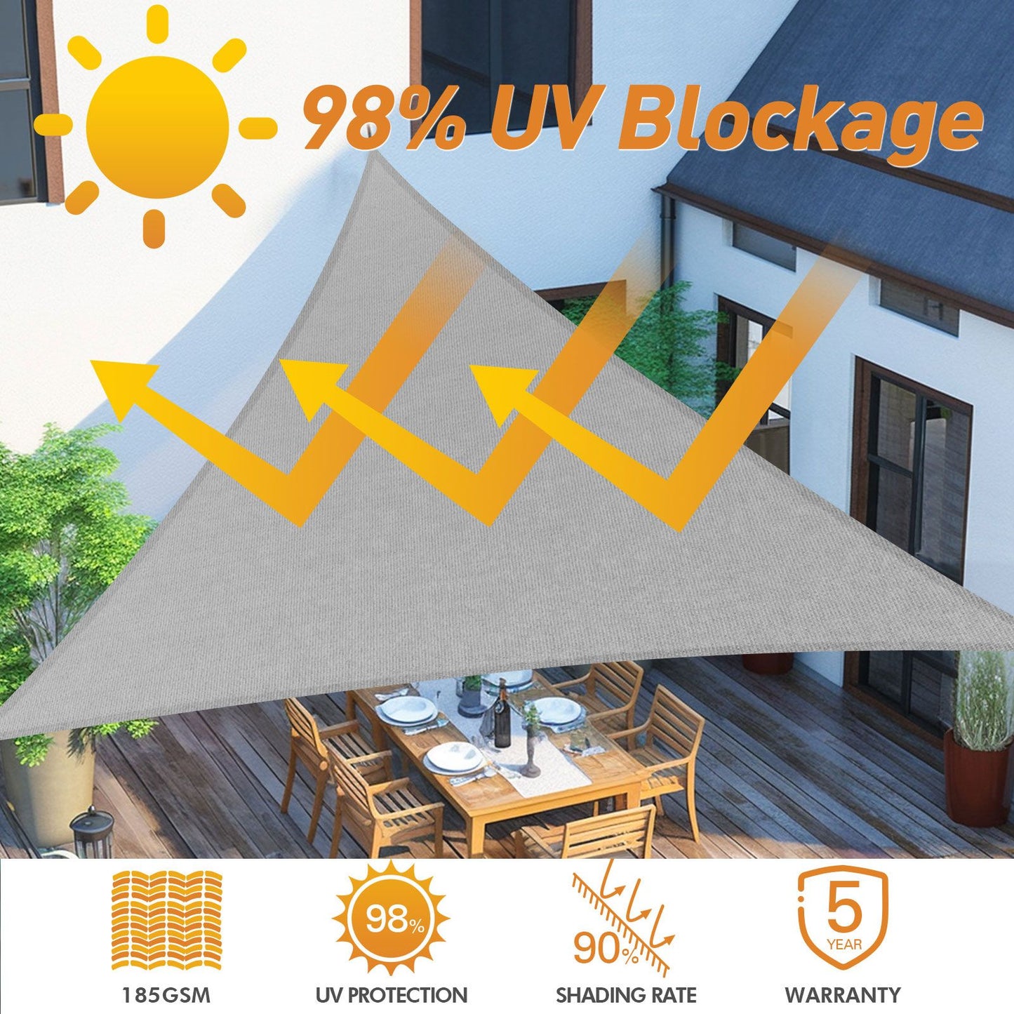 Light Gray Sun Shade Sail Triangle Canopy 185 GSM Durable Fabric UV Block