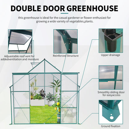 8x10FT Double Door Polycarbonate Greenhouse Raised Base, Anchor Aluminum Heavy Duty