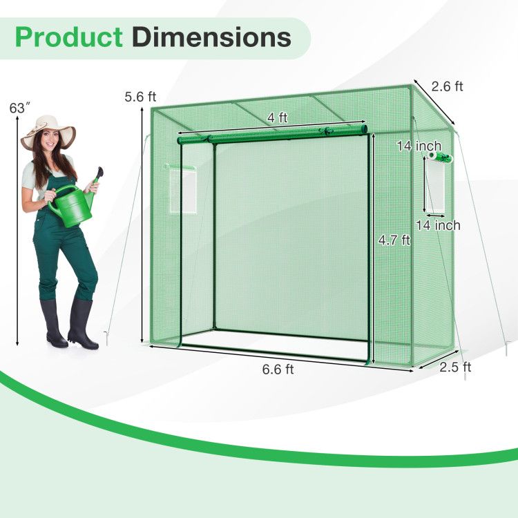 Portable Walk-in Greenhouse with PE Cover Heavy-Duty Metal Frame Roll-up Zipper Door