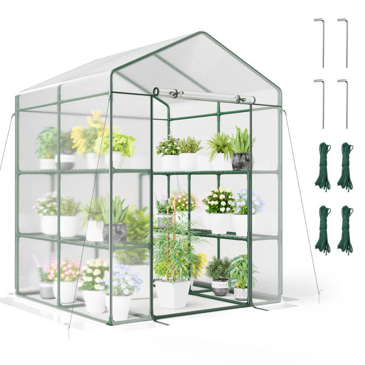 Walk-in Greenhouse with 4 Tiers 8 Shelves PVC Cover Roll-up Zippered Door