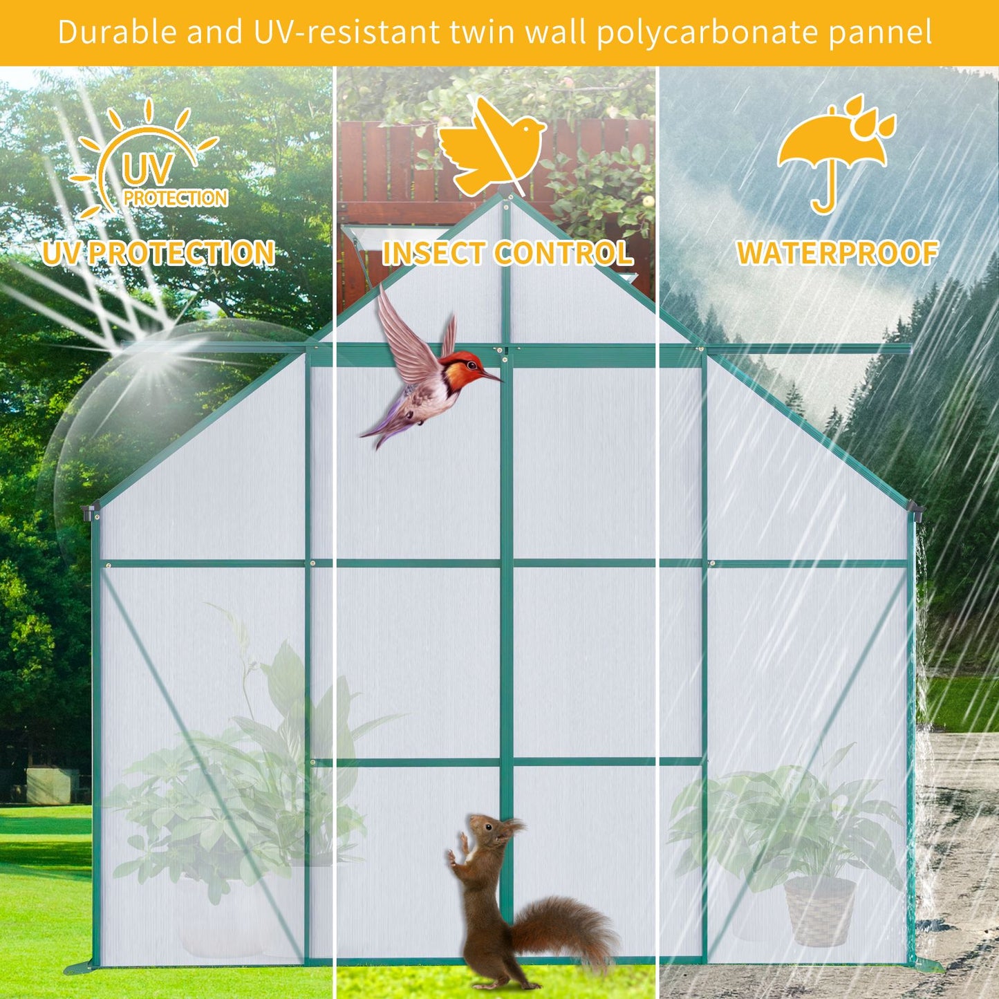 8x10FT Double Door Polycarbonate Greenhouse Raised Base, Anchor Aluminum Heavy Duty