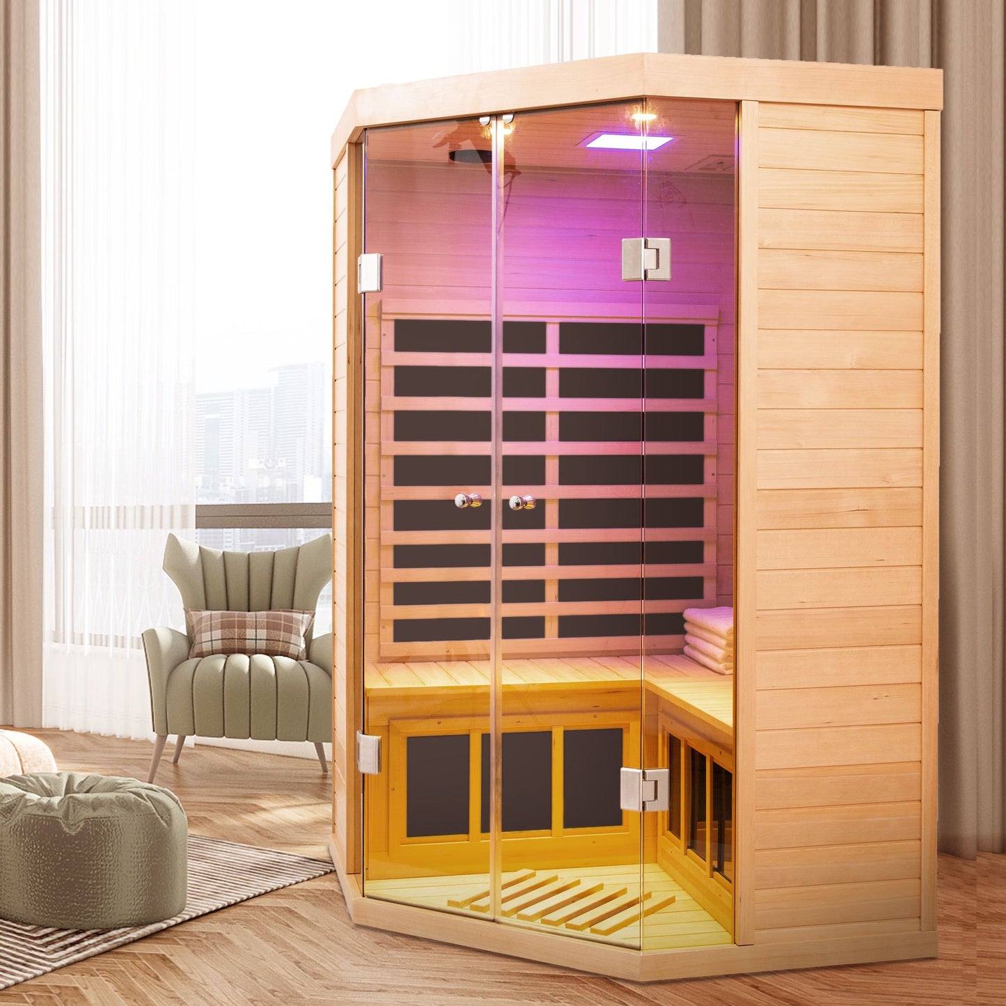 Two persons large glass front deluxe  Hemlock far infrared corner sauna room