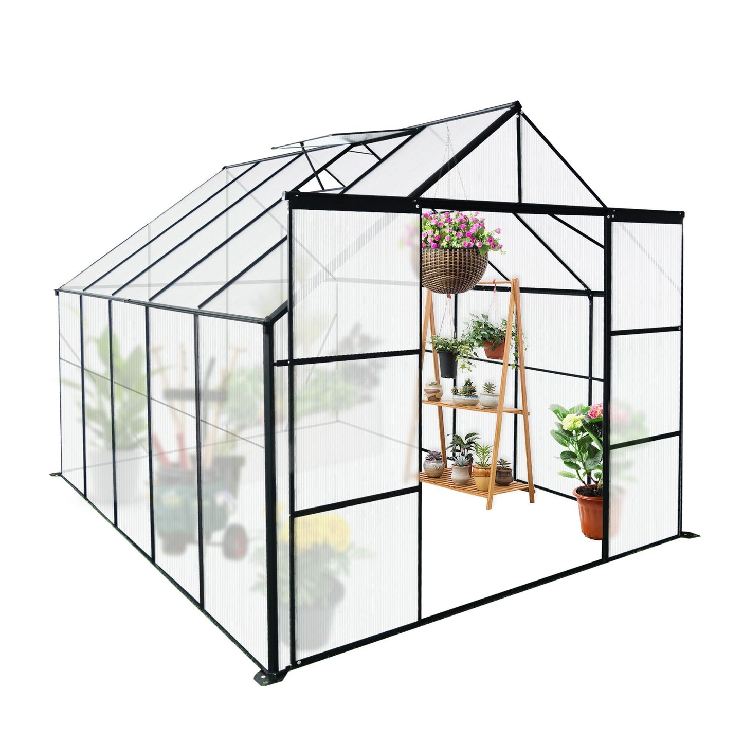 8x10FT Double Door Polycarbonate Greenhouse Raised Base, Anchor Aluminum Heavy Duty