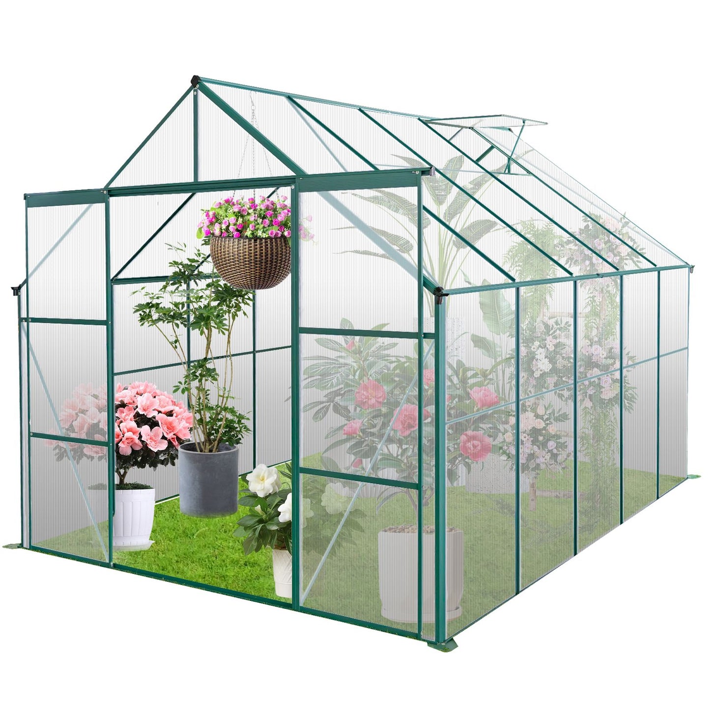 8x10FT Double Door Polycarbonate Greenhouse Raised Base, Anchor Aluminum Heavy Duty