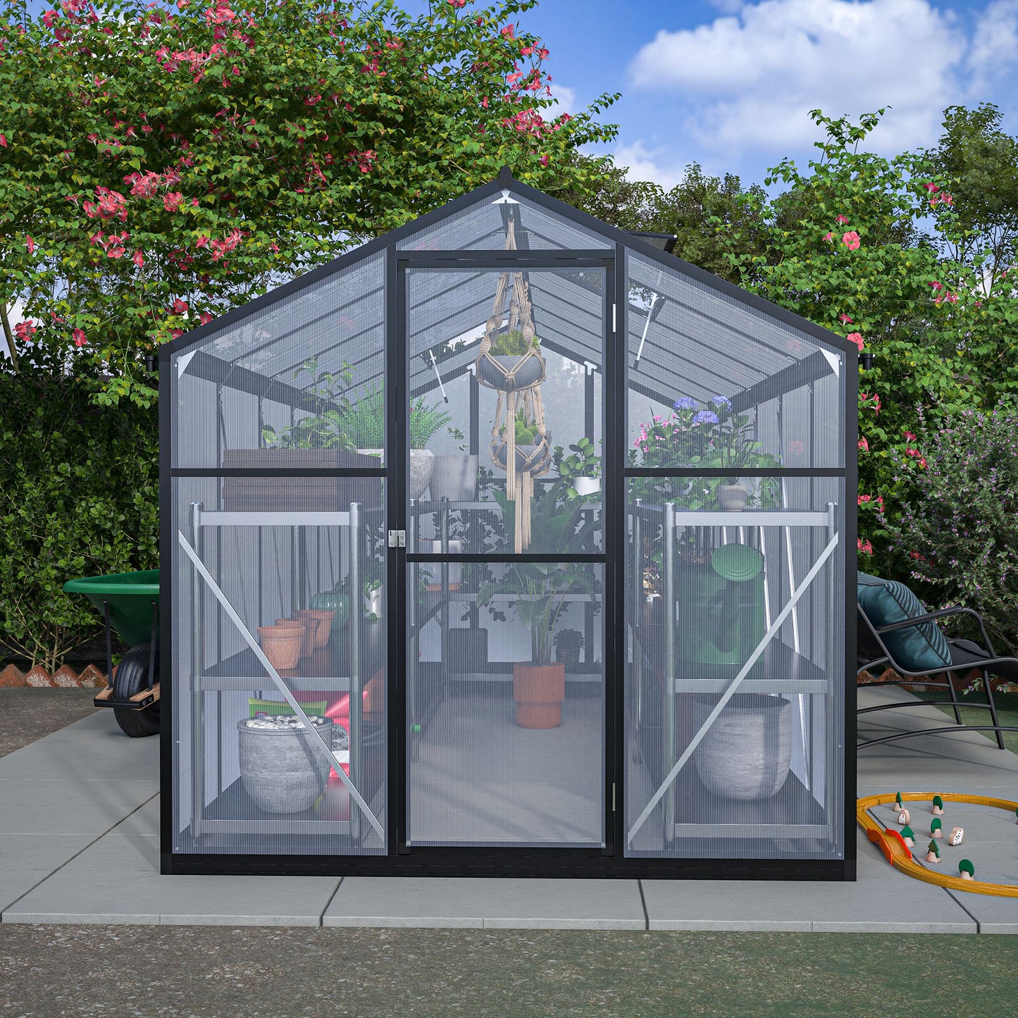 6' x 12' Polycarbonate Greenhouse, with Double Flush Door, Rain Gutter and Ventilation Window