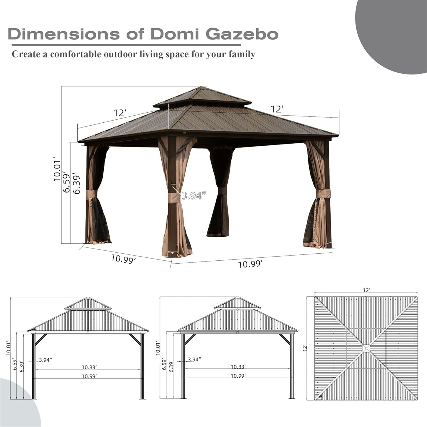 12' X 12' Hardtop Gazebo, with  Curtain and Netting, Permanent Gazebo