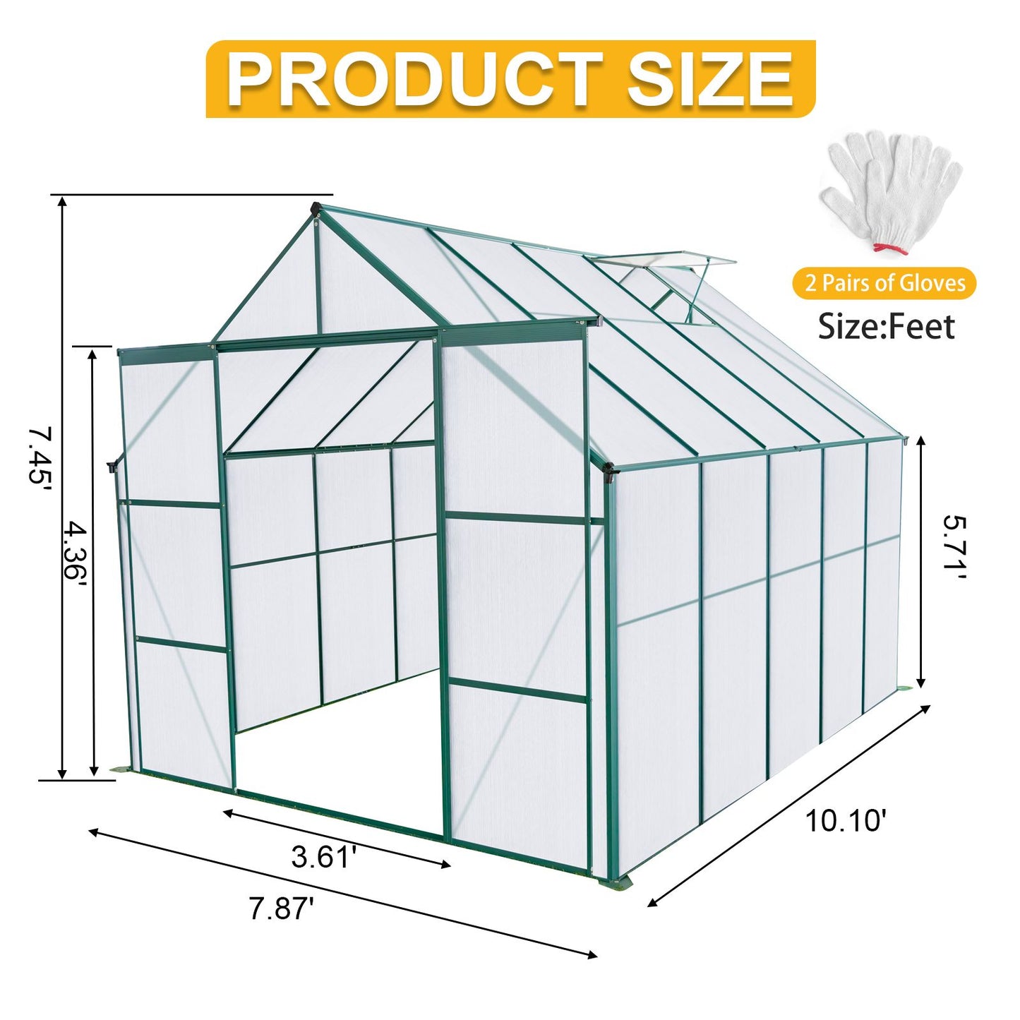 8x10FT Double Door Polycarbonate Greenhouse Raised Base, Anchor Aluminum Heavy Duty