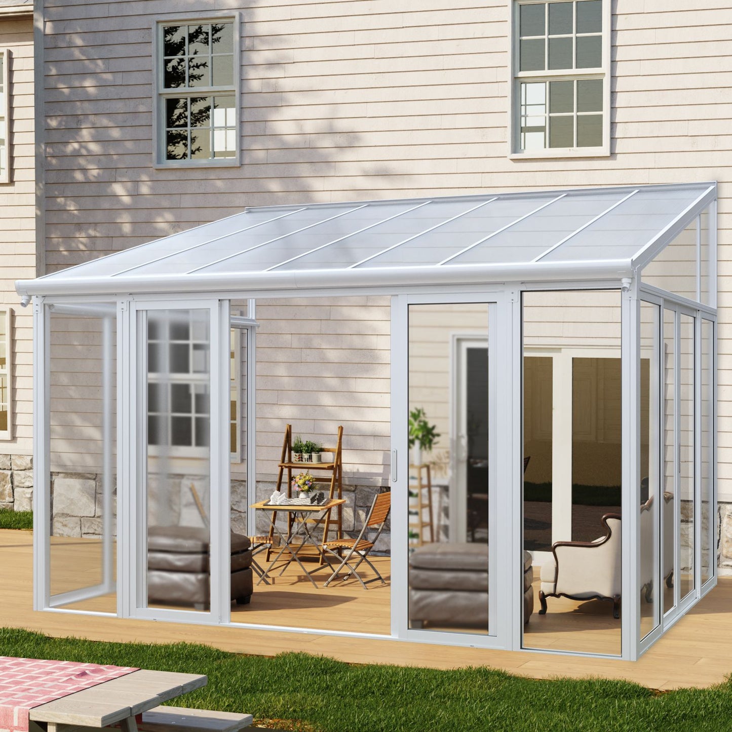 10×14 ft Enclosed Patio Cover with 3 Lockable Sliding Doors, All Season Sunroom with aluminum alloy frame