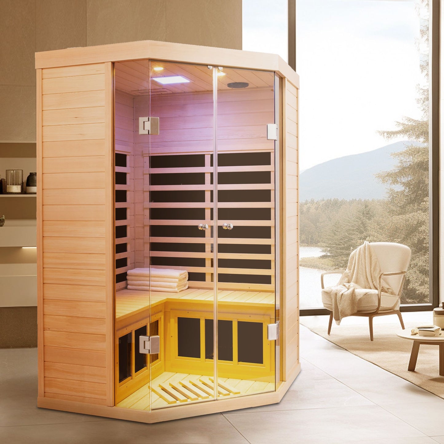 Two persons large glass front deluxe  Hemlock far infrared corner sauna room